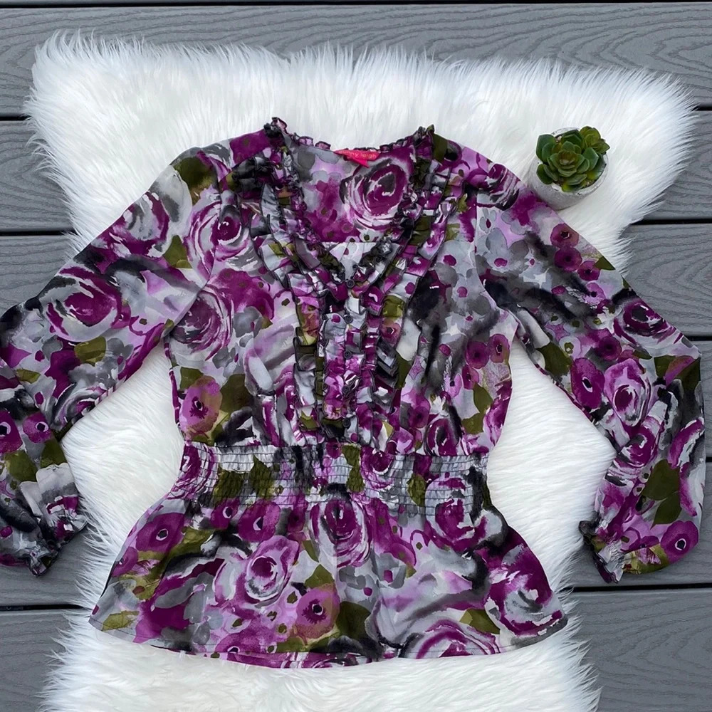 Sunny Leigh purple floral ruffled peplum blouse
